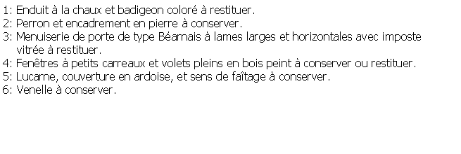 Zone de Texte: 1: Enduit  la chaux et badigeon color  restituer.2: Perron et encadrement en pierre  conserver.3: Menuiserie de porte de type Barnais  lames larges et horizontales avec imposte    vitre  restituer.4: Fentres  petits carreaux et volets pleins en bois peint  conserver ou restituer.5: Lucarne, couverture en ardoise, et sens de fatage  conserver.6: Venelle  conserver.