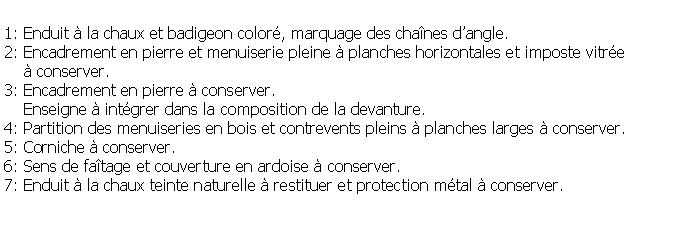 Zone de Texte: 1: Enduit  la chaux et badigeon color, marquage des chanes dangle.2: Encadrement en pierre et menuiserie pleine  planches horizontales et imposte vitre      conserver.3: Encadrement en pierre  conserver.    Enseigne  intgrer dans la composition de la devanture.4: Partition des menuiseries en bois et contrevents pleins  planches larges  conserver.5: Corniche  conserver.6: Sens de fatage et couverture en ardoise  conserver.7: Enduit  la chaux teinte naturelle  restituer et protection mtal  conserver.