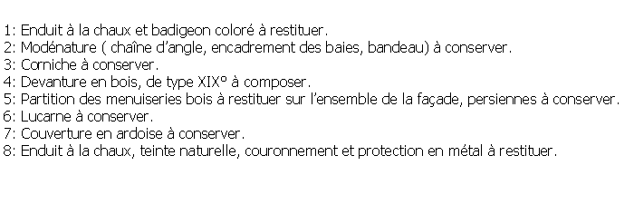 Zone de Texte: 1: Enduit  la chaux et badigeon color  restituer.2: Modnature ( chane dangle, encadrement des baies, bandeau)  conserver.3: Corniche  conserver.4: Devanture en bois, de type XIX  composer.5: Partition des menuiseries bois  restituer sur lensemble de la faade, persiennes  conserver.6: Lucarne  conserver.7: Couverture en ardoise  conserver.8: Enduit  la chaux, teinte naturelle, couronnement et protection en mtal  restituer.