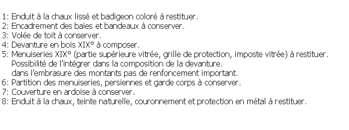 Zone de Texte: 1: Enduit  la chaux liss et badigeon color  restituer.2: Encadrement des baies et bandeaux  conserver.3: Vole de toit  conserver.4: Devanture en bois XIX  composer.5: Menuiseries XIX (partie suprieure vitre, grille de protection, imposte vitre)  restituer.    Possibilit de lintgrer dans la composition de la devanture.    dans lembrasure des montants pas de renfoncement important.6: Partition des menuiseries, persiennes et garde corps  conserver.7: Couverture en ardoise  conserver.8: Enduit  la chaux, teinte naturelle, couronnement et protection en mtal  restituer.