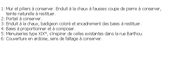 Zone de Texte: 1: Mur et piliers  conserver. Enduit  la chaux  fausses coupe de pierre  conserver,     teinte naturelle  restituer.2: Portail  conserver.3: Enduit  la chaux, badigeon color et encadrement des baies  restituer.4: Baies  proportionner et  composer.5: Menuiseries type XIX, sinspirer de celles existantes dans la rue Barthou.6: Couverture en ardoise, sens de fatage  conserver.