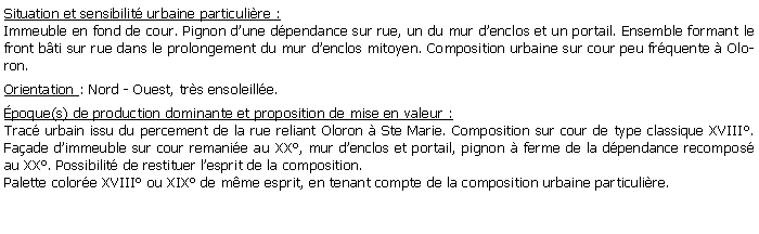 Zone de Texte: Situation et sensibilit urbaine particulire :Immeuble en fond de cour. Pignon dune dpendance sur rue, un du mur denclos et un portail. Ensemble formant le front bti sur rue dans le prolongement du mur denclos mitoyen. Composition urbaine sur cour peu frquente  Oloron.Orientation : Nord - Ouest, trs ensoleille.poque(s) de production dominante et proposition de mise en valeur : Trac urbain issu du percement de la rue reliant Oloron  Ste Marie. Composition sur cour de type classique XVIII. Faade dimmeuble sur cour remanie au XX, mur denclos et portail, pignon  ferme de la dpendance recompos au XX. Possibilit de restituer lesprit de la composition.Palette colore XVIII ou XIX de mme esprit, en tenant compte de la composition urbaine particulire.