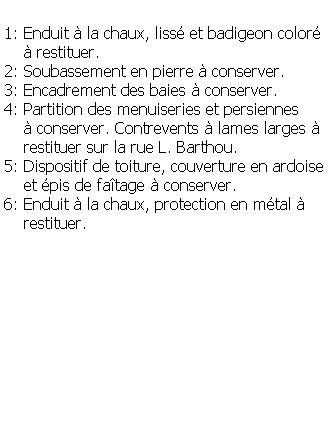 Zone de Texte: 1: Enduit  la chaux, liss et badigeon color     restituer.2: Soubassement en pierre  conserver.3: Encadrement des baies  conserver.4: Partition des menuiseries et persiennes      conserver. Contrevents  lames larges     restituer sur la rue L. Barthou.5: Dispositif de toiture, couverture en ardoise    et pis de fatage  conserver.6: Enduit  la chaux, protection en mtal      restituer.