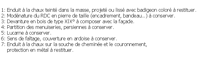 Zone de Texte: 1: Enduit  la chaux teint dans la masse, projet ou liss avec badigeon color  restituer.2: Modnature du RDC en pierre de taille (encadrement, bandeau)  conserver.3: Devanture en bois de type XIX  composer avec la faade.4: Partition des menuiseries, persiennes  conserver.5: Lucarne  conserver.6: Sens de fatage, couverture en ardoise  conserver.7: Enduit  la chaux sur la souche de chemine et le couronnement,     protection en mtal  restituer.