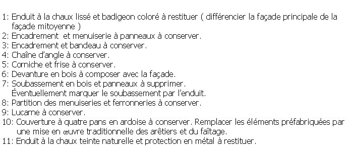 Zone de Texte: 1: Enduit  la chaux liss et badigeon color  restituer ( diffrencier la faade principale de la     faade mitoyenne )2: Encadrement  et menuiserie  panneaux  conserver.3: Encadrement et bandeau  conserver.4: Chane dangle  conserver.5: Corniche et frise  conserver.6: Devanture en bois  composer avec la faade.7: Soubassement en bois et panneaux  supprimer.    ventuellement marquer le soubassement par lenduit.8: Partition des menuiseries et ferronneries  conserver.9: Lucarne  conserver.10: Couverture  quatre pans en ardoise  conserver. Remplacer les lments prfabriques par      une mise en uvre traditionnelle des artiers et du fatage.11: Enduit  la chaux teinte naturelle et protection en mtal  restituer.