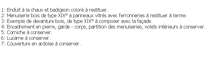 Zone de Texte: 1: Enduit  la chaux et badigeon color  restituer.2: Menuiserie bois de type XIX  panneaux vitrs avec ferronneries  restituer  terme.3: Exemple de devanture bois, de type XIX  composer avec la faade.4: Encadrement en pierre, garde - corps, partition des menuiseries, volets intrieurs  conserver.5: Corniche  conserver.6: Lucarne  conserver.7: Couverture en ardoise  conserver.