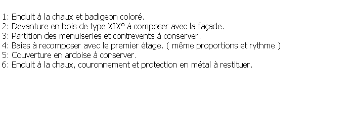 Zone de Texte: 1: Enduit  la chaux et badigeon color.2: Devanture en bois de type XIX  composer avec la faade. 3: Partition des menuiseries et contrevents  conserver.4: Baies  recomposer avec le premier tage. ( mme proportions et rythme )5: Couverture en ardoise  conserver.6: Enduit  la chaux, couronnement et protection en mtal  restituer.