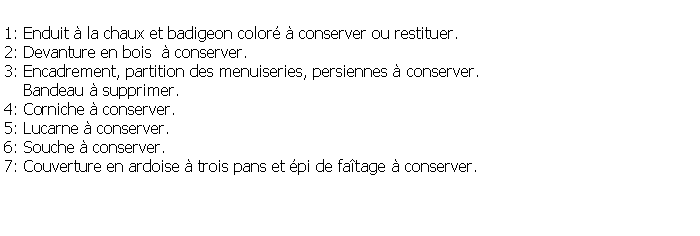 Zone de Texte: 1: Enduit  la chaux et badigeon color  conserver ou restituer.2: Devanture en bois   conserver.3: Encadrement, partition des menuiseries, persiennes  conserver.    Bandeau  supprimer.4: Corniche  conserver.5: Lucarne  conserver.6: Souche  conserver.7: Couverture en ardoise  trois pans et pi de fatage  conserver.