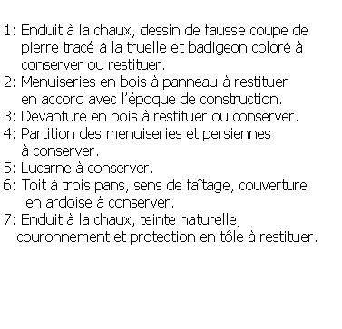 Zone de Texte: 1: Enduit  la chaux, dessin de fausse coupe de    pierre trac  la truelle et badigeon color      conserver ou restituer.2: Menuiseries en bois  panneau  restituer    en accord avec lpoque de construction.3: Devanture en bois  restituer ou conserver.4: Partition des menuiseries et persiennes      conserver.5: Lucarne  conserver.6: Toit  trois pans, sens de fatage, couverture     en ardoise  conserver.7: Enduit  la chaux, teinte naturelle,    couronnement et protection en tle  restituer.