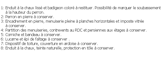 Zone de Texte: 1: Enduit  la chaux liss et badigeon color  restituer. Possibilit de marquer le soubassement      la hauteur du perron.2: Perron en pierre  conserver.3: Encadrement en pierre, menuiserie pleine  planches horizontales et imposte vitre      conserver.4: Partition des menuiseries, contrevents au RDC et persiennes aux tages  conserver.5: Corniche et bandeau  conserver.6: Lucarne et pi de fatage  conserver .7: Dispositif de toiture, couverture en ardoise  conserver.8: Enduit  la chaux, teinte naturelle, protection en tle  conserver.