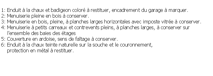 Zone de Texte: 1: Enduit  la chaux et badigeon color  restituer, encadrement du garage  marquer.2: Menuiserie pleine en bois  conserver.3: Menuiserie en bois, pleine,  planches larges horizontales avec imposte vitre  conserver.4: Menuiserie  petits carreaux et contrevents pleins,  planches larges,  conserver sur     lensemble des baies des tages5: Couverture en ardoise, sens de fatage  conserver.6: Enduit  la chaux teinte naturelle sur la souche et le couronnement,    protection en mtal  restituer. 