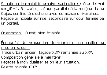 Zone de Texte: Situation et sensibilit urbaine particulire : Grande maison (R+1, 3 traves, fatage parallle  la rue ) de la rue Cujas, continuit dchelle avec les maisons riveraines.Faade principale sur rue, secondaire sur cour ferme par un portail.Orientation : Ouest, bien claire.poque(s) de production dominante et proposition de mise en valeur : Trac urbain ancien, faade XIX remanie au XX.Composition gnrale  maintenir.Faades  individualiser selon leur situation.Palette colore XIX.