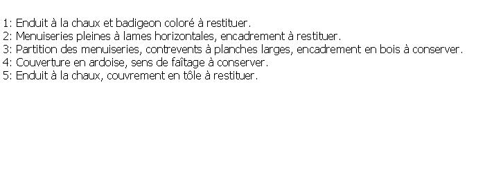 Zone de Texte: 1: Enduit  la chaux et badigeon color  restituer.2: Menuiseries pleines  lames horizontales, encadrement  restituer.3: Partition des menuiseries, contrevents  planches larges, encadrement en bois  conserver.4: Couverture en ardoise, sens de fatage  conserver.5: Enduit  la chaux, couvrement en tle  restituer.