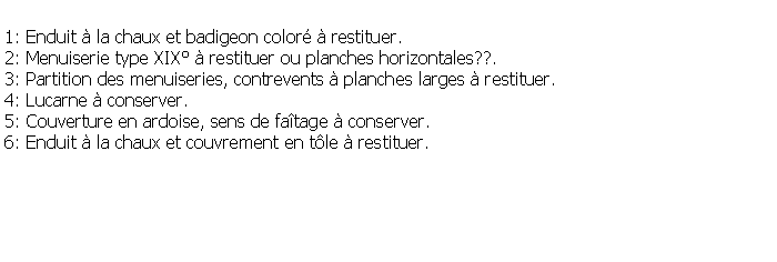 Zone de Texte: 1: Enduit  la chaux et badigeon color  restituer.2: Menuiserie type XIX  restituer ou planches horizontales??.3: Partition des menuiseries, contrevents  planches larges  restituer.4: Lucarne  conserver.5: Couverture en ardoise, sens de fatage  conserver.6: Enduit  la chaux et couvrement en tle  restituer.