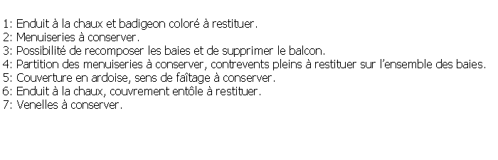 Zone de Texte: 1: Enduit  la chaux et badigeon color  restituer.2: Menuiseries  conserver.3: Possibilit de recomposer les baies et de supprimer le balcon.4: Partition des menuiseries  conserver, contrevents pleins  restituer sur lensemble des baies.5: Couverture en ardoise, sens de fatage  conserver.6: Enduit  la chaux, couvrement entle  restituer.7: Venelles  conserver.