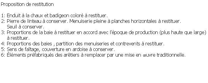 Zone de Texte: Proposition de restitution1: Enduit  la chaux et badigeon color  restituer.2: Pierre de linteau  conserver. Menuiserie pleine  planches horizontales  restituer.    Seuil  conserver.3: Proportions de la baie  restituer en accord avec lpoque de production (plus haute que large)     restituer.4: Proportions des baies , partition des menuiseries et contrevents  restituer.5: Sens de fatage, couverture en ardoise  conserver.6: lments prfabriqus des artiers  remplacer par une mise en uvre traditionnelle.