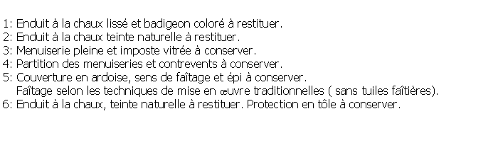 Zone de Texte: 1: Enduit  la chaux liss et badigeon color  restituer.2: Enduit  la chaux teinte naturelle  restituer.3: Menuiserie pleine et imposte vitre  conserver.4: Partition des menuiseries et contrevents  conserver.5: Couverture en ardoise, sens de fatage et pi  conserver.    Fatage selon les techniques de mise en uvre traditionnelles ( sans tuiles fatires).6: Enduit  la chaux, teinte naturelle  restituer. Protection en tle  conserver.