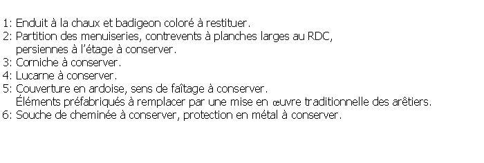 Zone de Texte: 1: Enduit  la chaux et badigeon color  restituer.2: Partition des menuiseries, contrevents  planches larges au RDC,     persiennes  ltage  conserver.3: Corniche  conserver.4: Lucarne  conserver.5: Couverture en ardoise, sens de fatage  conserver.    lments prfabriqus  remplacer par une mise en uvre traditionnelle des artiers.6: Souche de chemine  conserver, protection en mtal  conserver.