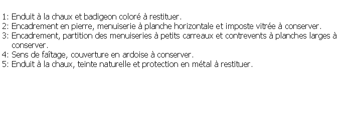 Zone de Texte: 1: Enduit  la chaux et badigeon color  restituer.2: Encadrement en pierre, menuiserie  planche horizontale et imposte vitre  conserver.3: Encadrement, partition des menuiseries  petits carreaux et contrevents  planches larges      conserver.4: Sens de fatage, couverture en ardoise  conserver.5: Enduit  la chaux, teinte naturelle et protection en mtal  restituer.