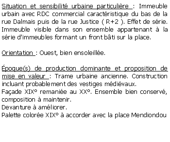 Zone de Texte: Situation et sensibilit urbaine particulire : Immeuble urbain avec RDC commercial caractristique du bas de la rue Dalmais puis de la rue Justice ( R+2 ). Effet de srie. Immeuble visible dans son ensemble appartenant  la srie dimmeubles formant un front bti sur la place.Orientation : Ouest, bien ensoleille.poque(s) de production dominante et proposition de mise en valeur : Trame urbaine ancienne. Construction incluant probablement des vestiges mdivaux. Faade XIX remanie au XX. Ensemble bien conserv, composition  maintenir.Devanture  amliorer.Palette colore XIX  accorder avec la place Mendiondou