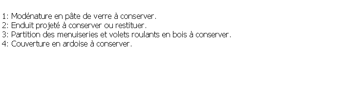 Zone de Texte: 1: Modnature en pte de verre  conserver.2: Enduit projet  conserver ou restituer.3: Partition des menuiseries et volets roulants en bois  conserver.4: Couverture en ardoise  conserver.