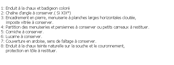 Zone de Texte: 1: Enduit  la chaux et badigeon color 2: Chane dangle  conserver.( Si XIX)3: Encadrement en pierre, menuiserie  planches larges horizontales cloute,     imposte vitre  conserver.4: Partition des menuiseries et persiennes  conserver ou petits carreaux  restituer.5: Corniche  conserver.6: Lucarne  conserver.7: Couverture en ardoise, sens de fatage  conserver.8: Enduit  la chaux teinte naturelle sur la souche et le couronnement,     protection en tle  restituer.