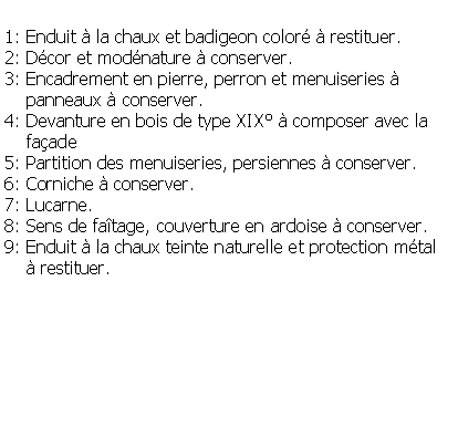 Zone de Texte: 1: Enduit  la chaux et badigeon color  restituer.2: Dcor et modnature  conserver.3: Encadrement en pierre, perron et menuiseries      panneaux  conserver.4: Devanture en bois de type XIX  composer avec la     faade5: Partition des menuiseries, persiennes  conserver.6: Corniche  conserver.7: Lucarne.8: Sens de fatage, couverture en ardoise  conserver.9: Enduit  la chaux teinte naturelle et protection mtal      restituer.