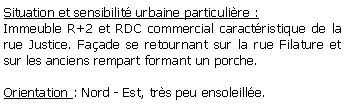 Zone de Texte: Situation et sensibilit urbaine particulire :Immeuble R+2 et RDC commercial caractristique de la rue Justice. Faade se retournant sur la rue Filature et sur les anciens rempart formant un porche.Orientation : Nord - Est, trs peu ensoleille.