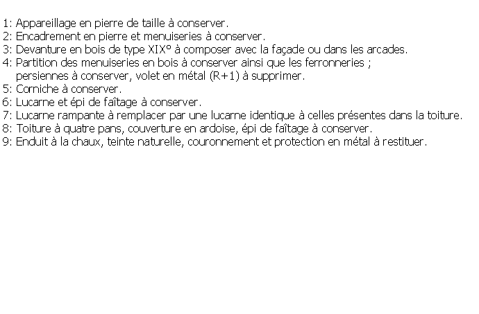 Zone de Texte: 1: Appareillage en pierre de taille  conserver.2: Encadrement en pierre et menuiseries  conserver.3: Devanture en bois de type XIX  composer avec la faade ou dans les arcades.4: Partition des menuiseries en bois  conserver ainsi que les ferronneries ;     persiennes  conserver, volet en mtal (R+1)  supprimer.5: Corniche  conserver.6: Lucarne et pi de fatage  conserver.7: Lucarne rampante  remplacer par une lucarne identique  celles prsentes dans la toiture.8: Toiture  quatre pans, couverture en ardoise, pi de fatage  conserver.9: Enduit  la chaux, teinte naturelle, couronnement et protection en mtal  restituer.