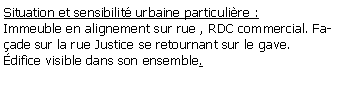 Zone de Texte: Situation et sensibilit urbaine particulire :Immeuble en alignement sur rue , RDC commercial. Faade sur la rue Justice se retournant sur le gave.difice visible dans son ensemble.