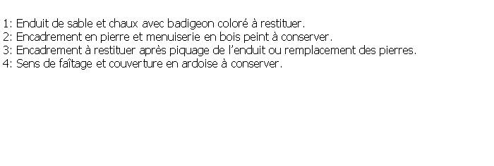 Zone de Texte: 1: Enduit de sable et chaux avec badigeon color  restituer.2: Encadrement en pierre et menuiserie en bois peint  conserver.3: Encadrement  restituer aprs piquage de lenduit ou remplacement des pierres.4: Sens de fatage et couverture en ardoise  conserver.