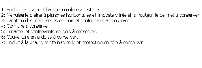 Zone de Texte: 1: Enduit  la chaux et badigeon color  restituer.2: Menuiserie pleine  planches horizontales et imposte vitre si la hauteur le permet  conserver3: Partition des menuiseries en bois et contrevents  conserver.4: Corniche  conserver.5: Lucarne  et contrevents en bois  conserver. 6: Couverture en ardoise  conserver.7: Enduit  la chaux, teinte naturelle et protection en tle  conserver.