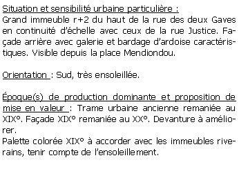 Zone de Texte: Situation et sensibilit urbaine particulire :Grand immeuble r+2 du haut de la rue des deux Gaves en continuit dchelle avec ceux de la rue Justice. Faade arrire avec galerie et bardage dardoise caractristiques. Visible depuis la place Mendiondou.Orientation : Sud, trs ensoleille.poque(s) de production dominante et proposition de mise en valeur : Trame urbaine ancienne remanie au XIX. Faade XIX remanie au XX. Devanture  amliorer.Palette colore XIX  accorder avec les immeubles riverains, tenir compte de lensoleillement.