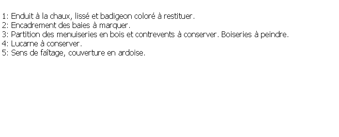 Zone de Texte: 1: Enduit  la chaux, liss et badigeon color  restituer.2: Encadrement des baies  marquer.3: Partition des menuiseries en bois et contrevents  conserver. Boiseries  peindre.4: Lucarne  conserver.5: Sens de fatage, couverture en ardoise.