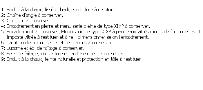 Zone de Texte: 1: Enduit  la chaux, liss et badigeon color  restituer.2: Chane dangle  conserver.3: Corniche  conserver.4: Encadrement en pierre et menuiserie pleine de type XIX  conserver.5: Encadrement  conserver, Menuiserie de type XIX  panneaux vitrs munis de ferronneries et    imposte vitre  restituer et  re - dimensionner selon lencadrement.6: Partition des menuiseries et persiennes  conserver.7: Lucarne et pi de fatage  conserver. 8: Sens de fatage, couverture en ardoise et pi  conserver.9: Enduit  la chaux, teinte naturelle et protection en tle  restituer.