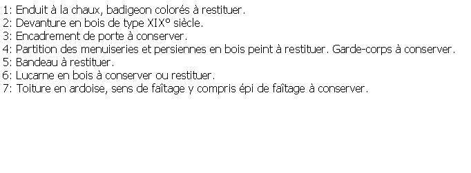 Zone de Texte: 1: Enduit  la chaux, badigeon colors  restituer.2: Devanture en bois de type XIX sicle.3: Encadrement de porte  conserver.4: Partition des menuiseries et persiennes en bois peint  restituer. Garde-corps  conserver.5: Bandeau  restituer.6: Lucarne en bois  conserver ou restituer.7: Toiture en ardoise, sens de fatage y compris pi de fatage  conserver.