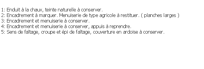 Zone de Texte: 1: Enduit  la chaux, teinte naturelle  conserver.2: Encadrement  marquer. Menuiserie de type agricole  restituer. ( planches larges )3: Encadrement et menuiserie  conserver.4: Encadrement et menuiserie  conserver, appuis  reprendre.5: Sens de fatage, croupe et pi de fatage, couverture en ardoise  conserver.