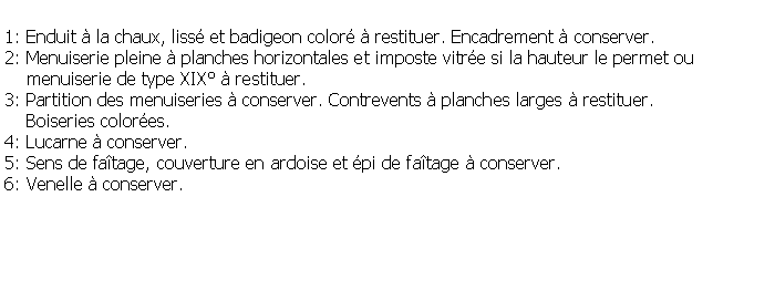 Zone de Texte: 1: Enduit  la chaux, liss et badigeon color  restituer. Encadrement  conserver.2: Menuiserie pleine  planches horizontales et imposte vitre si la hauteur le permet ou     menuiserie de type XIX  restituer.3: Partition des menuiseries  conserver. Contrevents  planches larges  restituer.    Boiseries colores.4: Lucarne  conserver.5: Sens de fatage, couverture en ardoise et pi de fatage  conserver.6: Venelle  conserver.