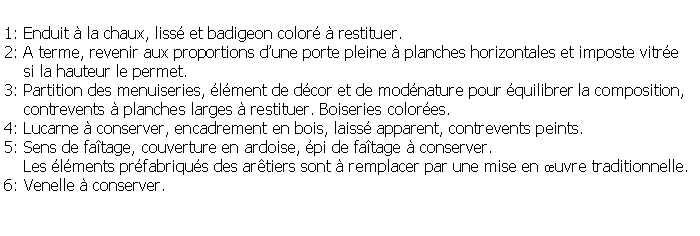 Zone de Texte: 1: Enduit  la chaux, liss et badigeon color  restituer.2: A terme, revenir aux proportions dune porte pleine  planches horizontales et imposte vitre     si la hauteur le permet.3: Partition des menuiseries, lment de dcor et de modnature pour quilibrer la composition,      contrevents  planches larges  restituer. Boiseries colores.4: Lucarne  conserver, encadrement en bois, laiss apparent, contrevents peints.5: Sens de fatage, couverture en ardoise, pi de fatage  conserver.    Les lments prfabriqus des artiers sont  remplacer par une mise en uvre traditionnelle.6: Venelle  conserver.