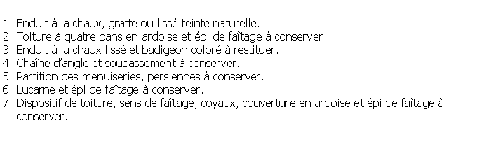 Zone de Texte: 1: Enduit  la chaux, gratt ou liss teinte naturelle.2: Toiture  quatre pans en ardoise et pi de fatage  conserver.3: Enduit  la chaux liss et badigeon color  restituer.4: Chane dangle et soubassement  conserver.5: Partition des menuiseries, persiennes  conserver.6: Lucarne et pi de fatage  conserver. 7: Dispositif de toiture, sens de fatage, coyaux, couverture en ardoise et pi de fatage      conserver.