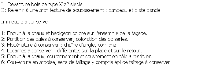 Zone de Texte: I:  Devanture bois de type XIX sicleII: Revenir  une architecture de soubassement : bandeau et plate bande.Immeuble  conserver :1: Enduit  la chaux et badigeon color sur l'ensemble de la faade.2: Partition des baies  conserver, coloration des boiseries.3: Modnature  conserver : chane d'angle, corniche.4: Lucarnes  conserver : diffrentes sur la place et sur le retour.5: Enduit  la chaux, couronnement et couvrement en tle  restituer.6: Couverture en ardoise, sens de fatage y compris pi de fatage  conserver.