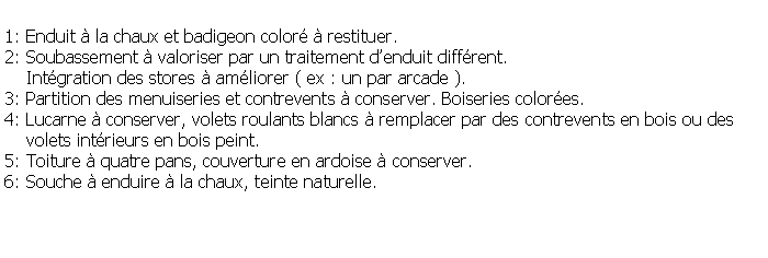 Zone de Texte: 1: Enduit  la chaux et badigeon color  restituer.2: Soubassement  valoriser par un traitement denduit diffrent.    Intgration des stores  amliorer ( ex : un par arcade ). 3: Partition des menuiseries et contrevents  conserver. Boiseries colores.4: Lucarne  conserver, volets roulants blancs  remplacer par des contrevents en bois ou des     volets intrieurs en bois peint.5: Toiture  quatre pans, couverture en ardoise  conserver.6: Souche  enduire  la chaux, teinte naturelle.