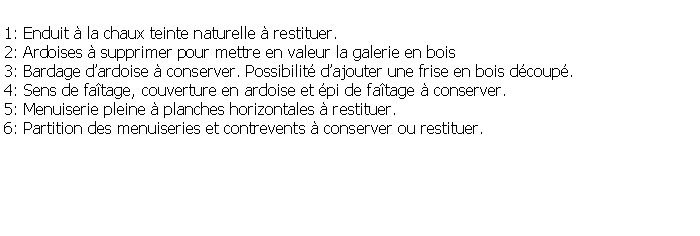 Zone de Texte: 1: Enduit  la chaux teinte naturelle  restituer.2: Ardoises  supprimer pour mettre en valeur la galerie en bois3: Bardage dardoise  conserver. Possibilit dajouter une frise en bois dcoup.4: Sens de fatage, couverture en ardoise et pi de fatage  conserver.5: Menuiserie pleine  planches horizontales  restituer.6: Partition des menuiseries et contrevents  conserver ou restituer.