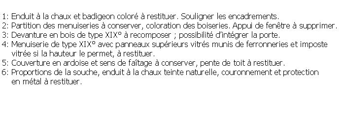 Zone de Texte: 1: Enduit  la chaux et badigeon color  restituer. Souligner les encadrements.2: Partition des menuiseries  conserver, coloration des boiseries. Appui de fentre  supprimer.3: Devanture en bois de type XIX  recomposer ; possibilit dintgrer la porte.4: Menuiserie de type XIX avec panneaux suprieurs vitrs munis de ferronneries et imposte    vitre si la hauteur le permet,  restituer.5: Couverture en ardoise et sens de fatage  conserver, pente de toit  restituer.6: Proportions de la souche, enduit  la chaux teinte naturelle, couronnement et protection     en mtal  restituer.