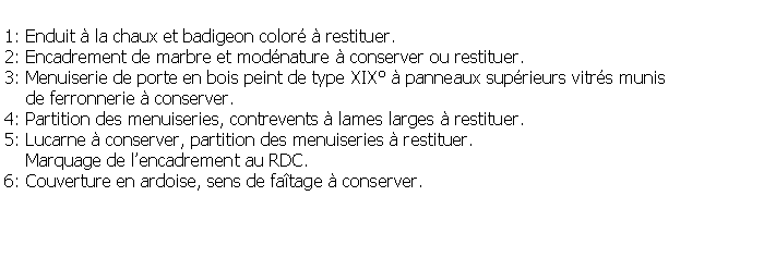 Zone de Texte: 1: Enduit  la chaux et badigeon color  restituer.2: Encadrement de marbre et modnature  conserver ou restituer.3: Menuiserie de porte en bois peint de type XIX  panneaux suprieurs vitrs munis     de ferronnerie  conserver.4: Partition des menuiseries, contrevents  lames larges  restituer.5: Lucarne  conserver, partition des menuiseries  restituer.    Marquage de lencadrement au RDC.6: Couverture en ardoise, sens de fatage  conserver.