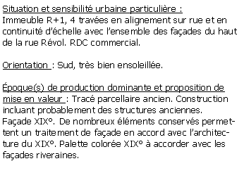 Zone de Texte: Situation et sensibilit urbaine particulire :Immeuble R+1, 4 traves en alignement sur rue et en continuit dchelle avec lensemble des faades du haut de la rue Rvol. RDC commercial.Orientation : Sud, trs bien ensoleille.poque(s) de production dominante et proposition de mise en valeur : Trac parcellaire ancien. Construction incluant probablement des structures anciennes. Faade XIX. De nombreux lments conservs permettent un traitement de faade en accord avec larchitecture du XIX. Palette colore XIX  accorder avec les faades riveraines.