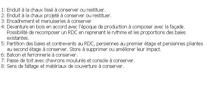 Zone de Texte: 1: Enduit  la chaux liss  conserver ou restituer.2: Enduit  la chaux projet  conserver ou restituer.3: Encadrement et menuiseries  conserver 4: Devanture en bois en accord avec lpoque de production  composer avec la faade.    Possibilit de recomposer un RDC en reprenant le rythme et les proportions des baies     existantes.5: Partition des baies et contrevents au RDC, persiennes au premier tage et persiennes pliantes    au second tage  conserver. Store  supprimer ou amliorer leur impact.6: Balcon et ferronnerie  conserver.7: Passe de toit avec chevrons moulurs et console  conserver.8: Sens de fatage et matriaux de couverture  conserver.