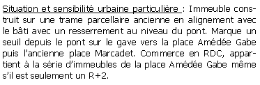 Zone de Texte: Situation et sensibilit urbaine particulire : Immeuble construit sur une trame parcellaire ancienne en alignement avec le bti avec un resserrement au niveau du pont. Marque un seuil depuis le pont sur le gave vers la place Amde Gabe puis lancienne place Marcadet. Commerce en RDC, appartient  la srie dimmeubles de la place Amde Gabe mme sil est seulement un R+2. 