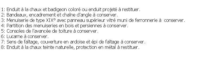 Zone de Texte: 1: Enduit  la chaux et badigeon color ou enduit projet  restituer.2: Bandeaux, encadrement et chane dangle  conserver.3: Menuiserie de type XIX avec panneau suprieur vitr muni de ferronnerie   conserver.4: Partition des menuiseries en bois et persiennes  conserver.5: Consoles de lavance de toiture  conserver.6: Lucarne  conserver.7: Sens de fatage, couverture en ardoise et pi de fatage  conserver.8: Enduit  la chaux teinte naturelle, protection en mtal  restituer.