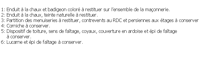 Zone de Texte: 1: Enduit  la chaux et badigeon color  restituer sur lensemble de la maonnerie.2: Enduit  la chaux, teinte naturelle  restituer.3: Partition des menuiseries  restituer, contrevents au RDC et persiennes aux tages  conserver4: Corniche  conserver.5: Dispositif de toiture, sens de fatage, coyaux, couverture en ardoise et pi de fatage      conserver.6: Lucarne et pi de fatage  conserver.